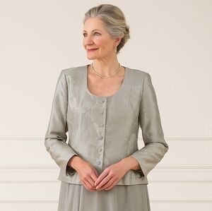 Kay Unger NY Size 10 Floral Embroidered Jacket Blazer Metallic Silver Snowflake